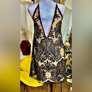 Tan mini dress with blk sequins and lace overlay